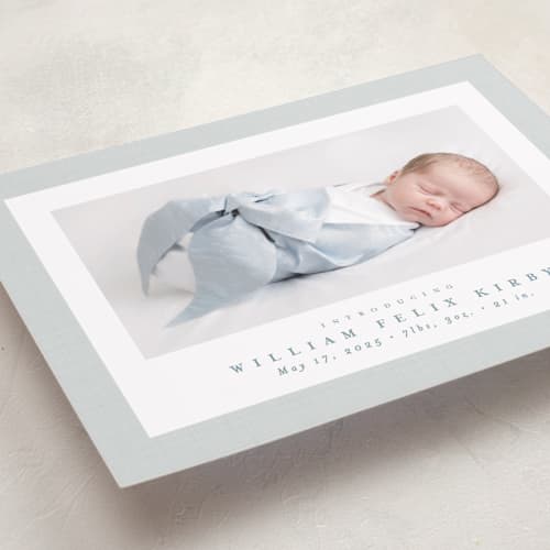 This is a powder petite birth announcements with standard by Lea Delaveris called linen frame printing on recycled smooth signature in petite