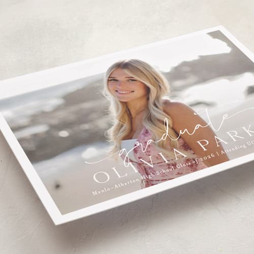 This is a snow graduation announcements with standard by Sarah Curry called graduate script printing on recycled smooth signature in petite