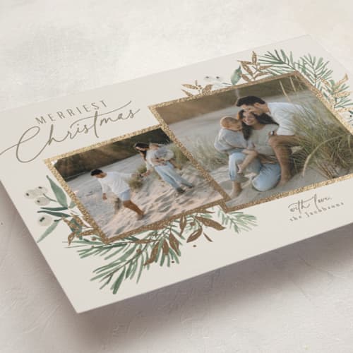 This is a ash petite holiday cards with foil pressed by Everett Paper Goods called pine duo printing on recycled smooth signature in petite