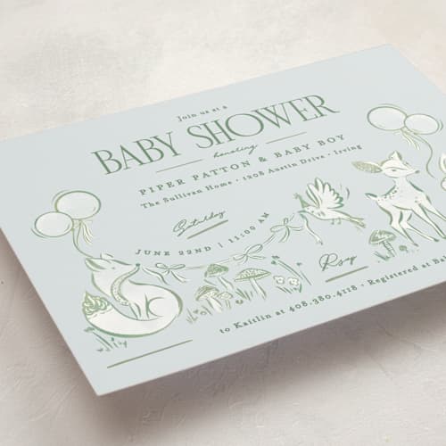 This is a bluebird baby shower postcards with standard by Julie Murray called woodland party printing on signature in postcard