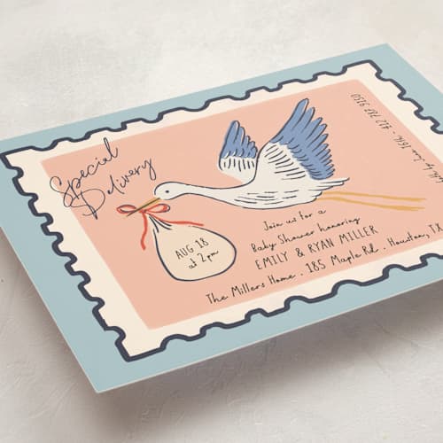 This is a sky baby shower postcards with standard by Elly called stamp printing on signature in postcard