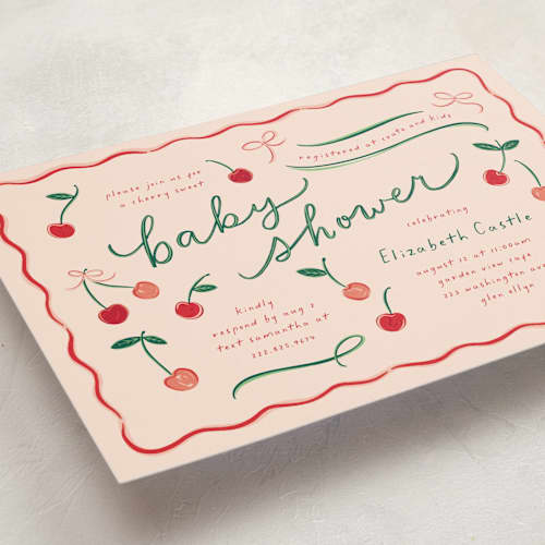 This is a cherry pie baby shower postcards with standard by Erin German called cherry sweet printing on signature in postcard