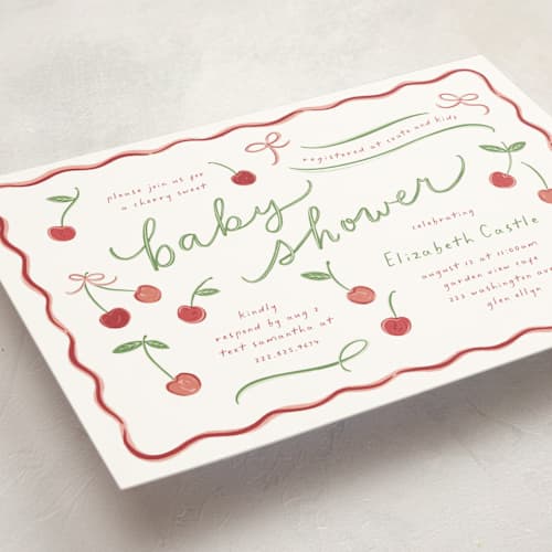 This is a cherry delight baby shower postcards with standard by Erin German called cherry sweet printing on signature in postcard