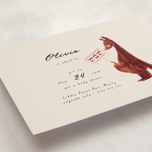 This is a cream baby shower postcards with standard by Gwen Bedat called kangaroo pop printing on signature in postcard