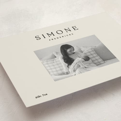 This is a noir petite birth announcements with standard by Jackie Crawford called simone printing on signature in petite