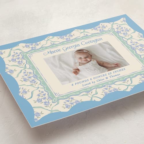 This is a periwinkle petite birth announcements with standard by Jackie Crawford called highgrove printing on signature in petite
