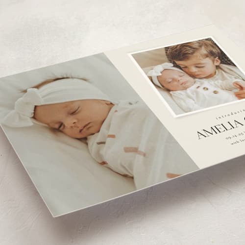 This is a cream petite birth announcements with standard by Jessica Williams called petite introduction printing on signature in petite
