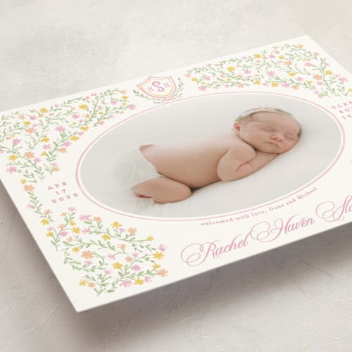 This is a cotton candy petite birth announcements with standard by Creo Study called cottagecore printing on signature in petite