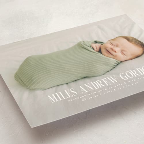 This is a cloud petite birth announcements with standard by Owl and Toad called simply stated printing on signature in petite