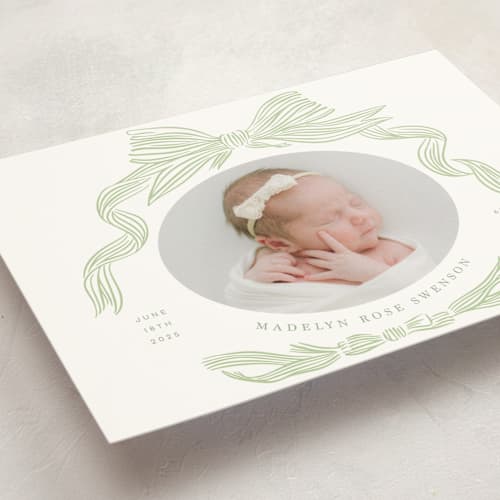 This is a mint petite birth announcements with standard by Stephanie Hawkes called ribbon bow frame printing on signature in petite
