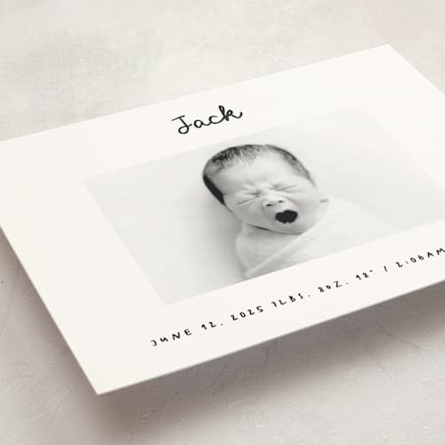 This is a snow petite birth announcements with standard by AK Graphics called cursive printing on signature in petite