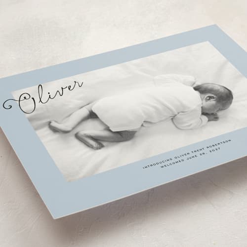 This is a powder petite birth announcements with standard by Jenna Holcomb called nostalic handwriting printing on signature in petite