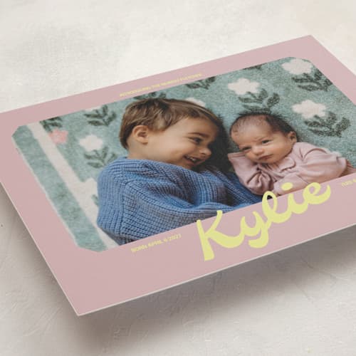 This is a mauve petite birth announcements with standard by Inkblot Design called retro printing on signature in petite