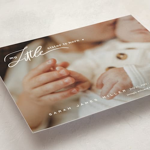 This is a cotton petite birth announcements with standard by Creo Study called sibling intro printing on signature in petite