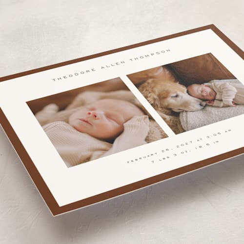 This is a hickory petite birth announcements with standard by Juneau Designs called pure love printing on signature in petite