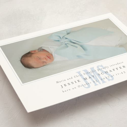 This is a sky birth announcement postcards with standard by Erin Hodges called classic monogram printing on signature in postcard