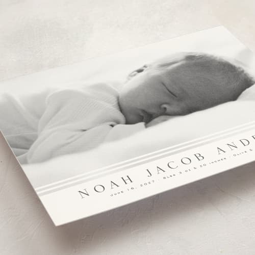This is a cloud birth announcement postcards with standard by Nicole Walsh called minimalist stripes printing on signature in postcard