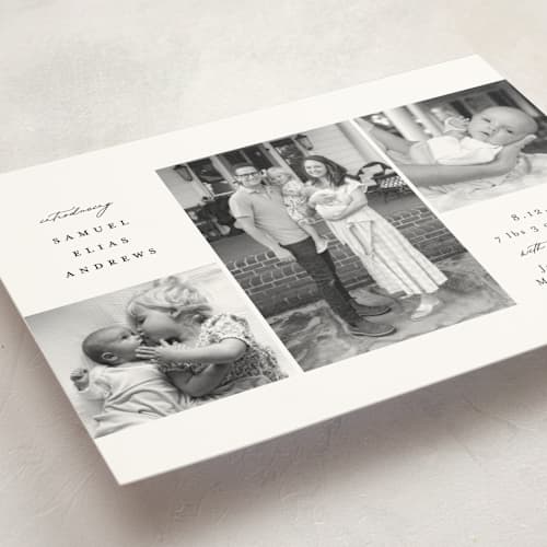 This is a noir birth announcement postcards with standard by Emily Betts called three printing on signature in postcard