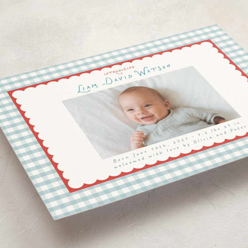 This is a picnic birth announcement postcards with standard by Christy Hy Lee called playful pattern printing on signature in postcard