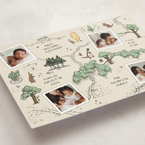 This is a natural birth announcement postcards with standard by Heather Schertzer called hundred acre wood printing on signature in postcard