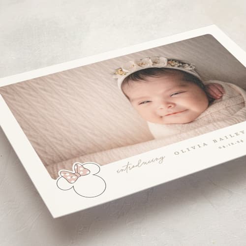 This is a peony birth announcement postcards with standard by Creo Study called disney's minnie's bow printing on signature in postcard