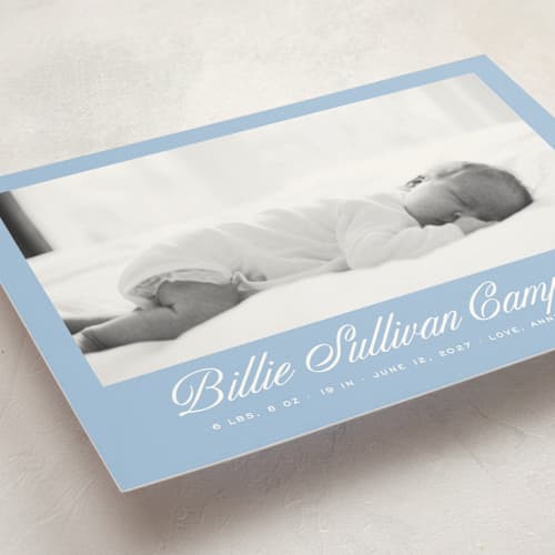 This is a chambray birth announcement postcards with standard by Megan Davis called chambray printing on signature in postcard