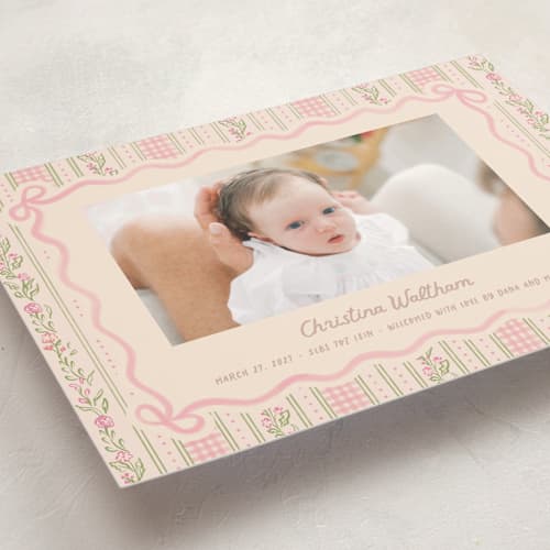 This is a ballet slipper birth announcement postcards with standard by Creo Study called cottagecore wallpaper printing on signature in postcard