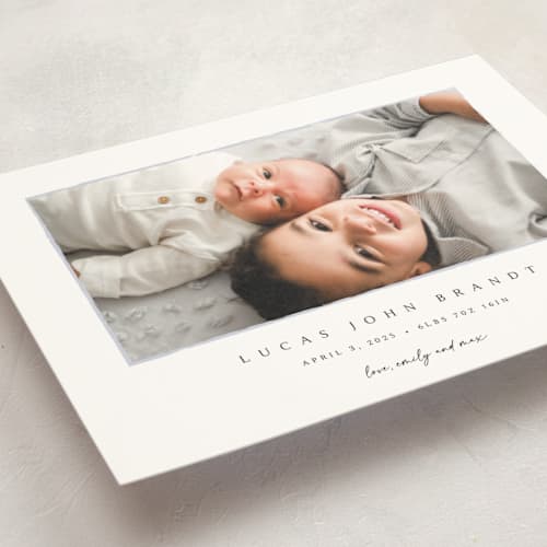 This is a shadow birth announcement postcards with standard by Kasia Labocki called border printing on signature in postcard