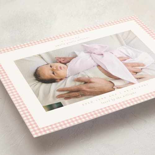 This is a blush birth announcement postcards with standard by Claudia Orengo called preppy fabric printing on signature in postcard