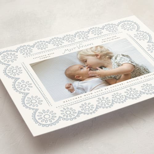 This is a cloud birth announcement postcards with standard by Laura Hankins called handdrawn eyelet printing on signature in postcard