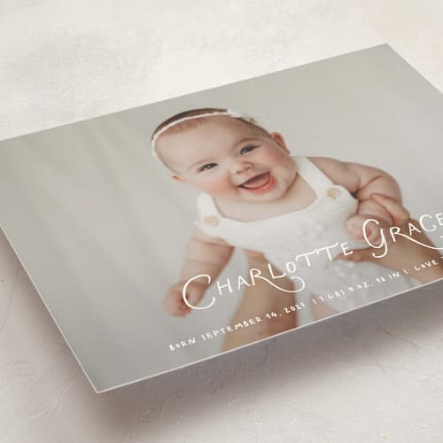This is a marshmallow birth announcement postcards with standard by Benita Crandall called handdrawn style printing on signature in postcard