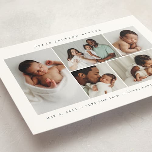 This is a navy birth announcement postcards with standard by Jennifer Postorino called minimalist printing on signature in postcard