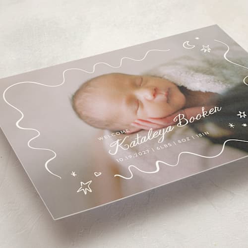 This is a linen birth announcement postcards with standard by Zove Ahhh called dreamland printing on signature in postcard