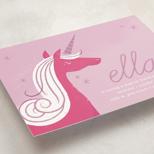 This is a lilac kids birthday invitations with standard by Carmi Cioni called sweet unicorn printing on signature in postcard