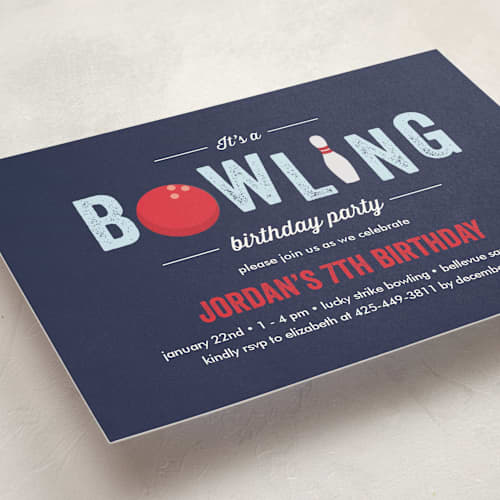 This is a blue slate kids birthday invitations with standard by Anupama called bowling birthday party printing on signature in postcard