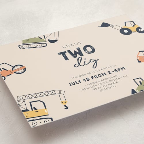 This is a mint kids birthday invitations with standard by Britt called ready two dig printing on signature in postcard