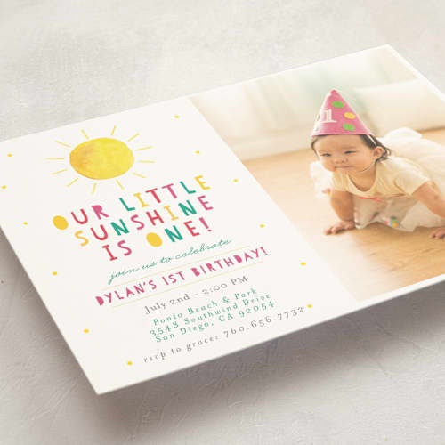 This is a petal kids birthday invitations with standard by Little Print Design called little sunshine printing on signature in postcard