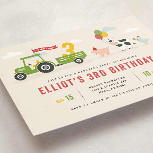 This is a cream kids birthday invitations with standard by Michelle Taylor called party parade printing on signature in postcard