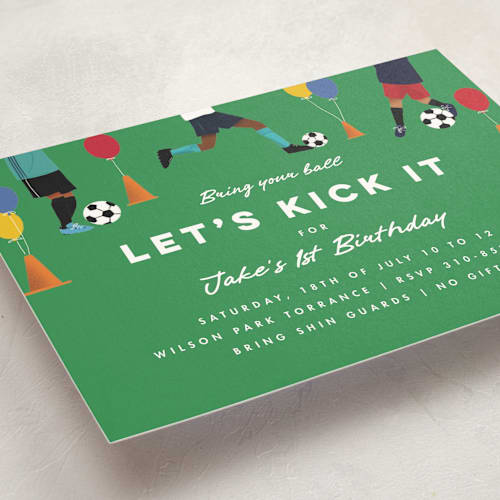 This is a grass kids birthday invitations with standard by Becky Nimoy called kick it soccer ball printing on signature in postcard
