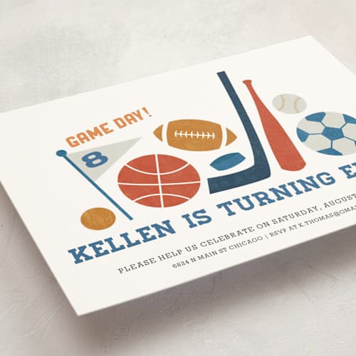 This is a navy kids birthday invitations with standard by Jessie Steury called game day printing on signature in postcard