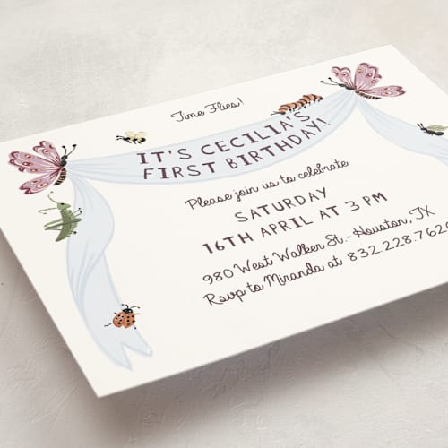 This is a sky kids birthday invitations with standard by Pati Cascino called time flies printing on signature in postcard