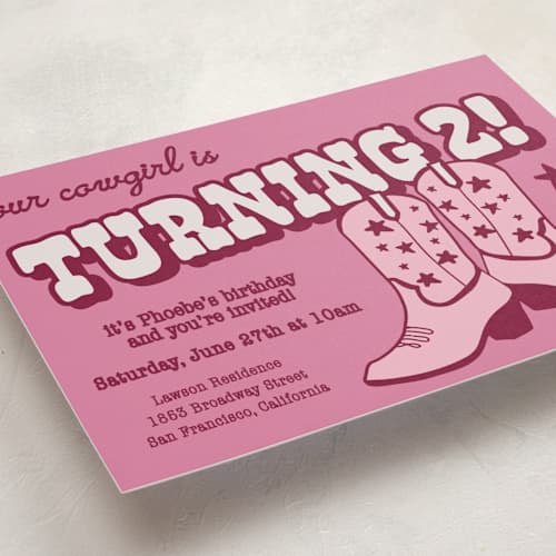 This is a cotton candy kids birthday invitations with standard by Wendy Taylor called little cowgirl printing on signature in postcard