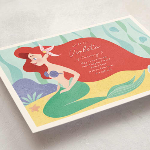 This is a aquamarine kids birthday invitations with standard by Sabrin Deirani called disney's ariel under the sea printing on signature in postcard