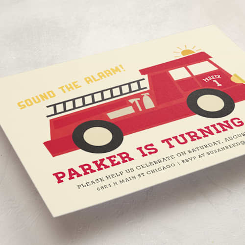 This is a fire kids birthday invitations with standard by Jessie Steury called five alarm printing on signature in postcard