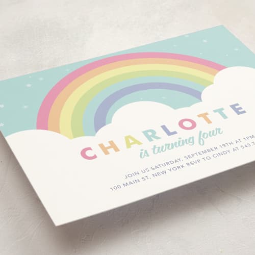 This is a mint kids birthday invitations with standard by Maria Alou called pastel rainbow sparkles printing on signature in postcard