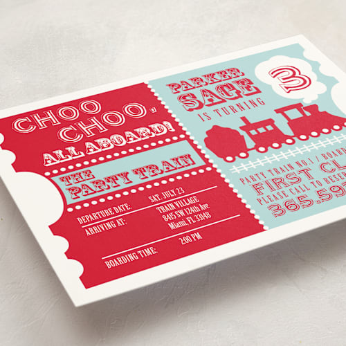 This is a classic kids birthday invitations with standard by mafy called choo choo train printing on signature in postcard