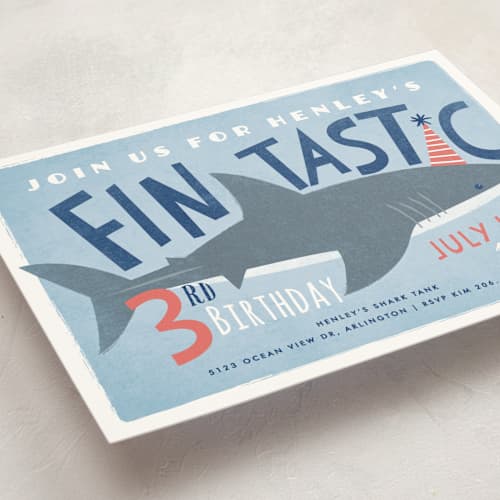 This is a sky kids birthday invitations with standard by Karidy Walker called shark tank printing on signature in postcard