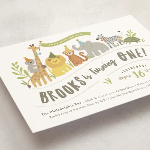 This is a pear kids birthday invitations with standard by Jennifer Wick called animals on parade printing on signature in postcard