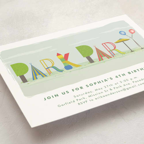 This is a carnival kids birthday invitations with standard by Tatiana Nogueiras called park party printing on signature in postcard