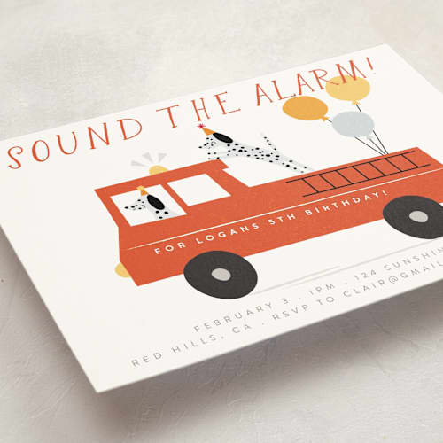 This is a dalmatian kids birthday invitations with standard by Angela Thompson called sound the alarm! printing on signature in postcard